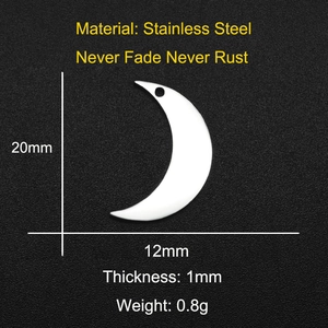 Polished stainless steel moon charm detail with 20mm height and 12mm width measurements