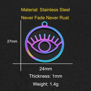 Technical drawing showing dimensions of rainbow stainless steel evil eye pendant charms