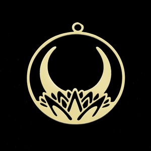 Detailed view of a gold stainless steel lotus and moon pendant for DIY jewelry making