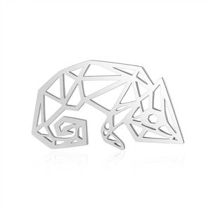 Detailed view of silver stainless steel chameleon pendant with geometric origami cutouts