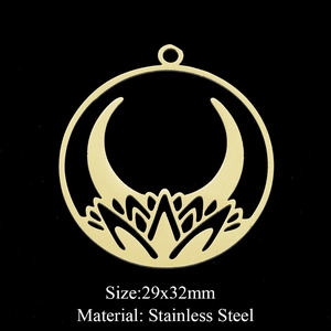 Golden stainless steel celestial pendant with crescent moon and lotus, size 29x32mm