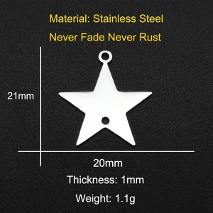 Polished stainless steel star pendant detail with dimensions 21mm by 20mm on black background