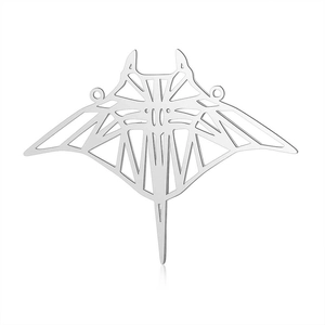 Macro view of geometric cutout manta ray pendant in polished stainless steel
