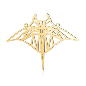 Macro view of golden stainless steel manta ray pendant with modern geometric hollow design