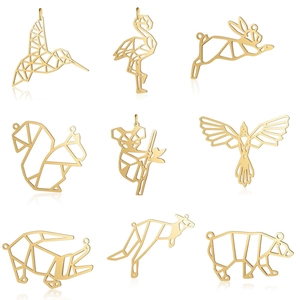 Set of 9 gold titanium steel animal pendants with geometric origami hollow design