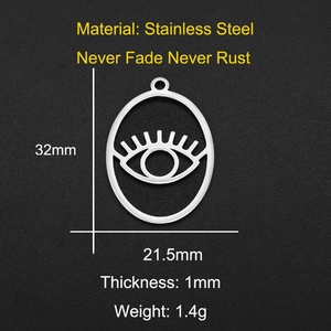 Detail showing 32mm x 21.5mm stainless steel evil eye pendant with size specifications