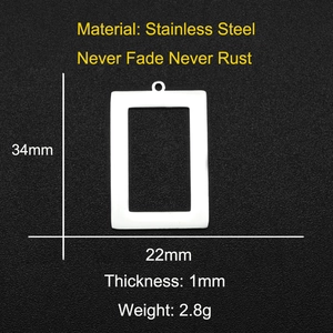 Polished silver stainless steel rectangular frame pendant with detailed dimensions
