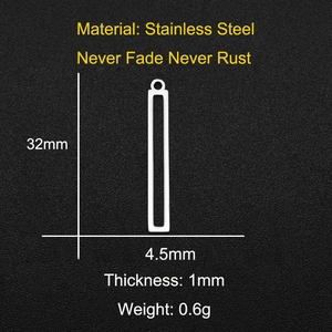 Macro view of minimalist 32mm stainless steel bar pendant with dimensions and features