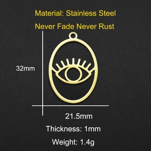 Detailed view of gold stainless steel Evil Eye pendant with 32x21.5mm size dimensions