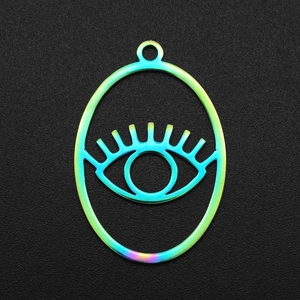 Macro detail of rainbow plated stainless steel evil eye pendant with eyelash design