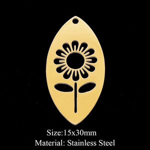 Détail du pendentif ovale doré en acier inoxydable avec fleur de tournesol, 15x30mm