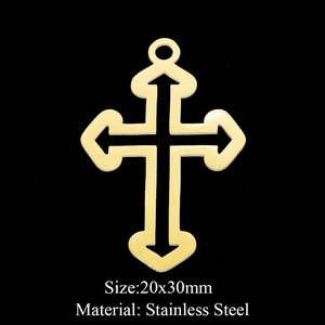 Detail view of 20x30mm golden stainless steel cross pendant with black line accents