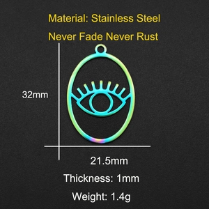 Rainbow stainless steel evil eye pendant showing 32mm by 21.5mm dimensions