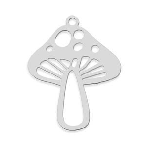 Macro detail of silver stainless steel mushroom pendant with hollow-out design for DIY jewelry