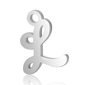 Pendentif lettre L en acier inoxydable argenté poli avec finition miroir et anneau