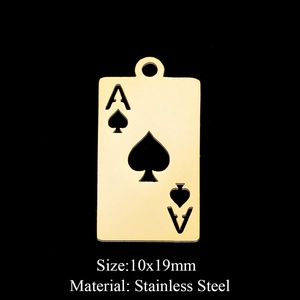 Macro detail of gold stainless steel Ace of Spades pendant with 10x19mm size label