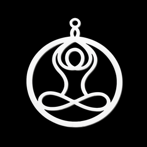 Macro view of polished stainless steel yoga silhouette pendant with round hollow design