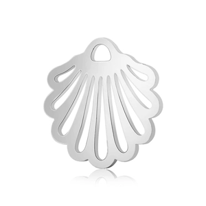 Detailed close-up of a hollow shell charm pendant in polished silver stainless steel