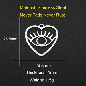 Stainless steel heart evil eye charm with detailed size measurements and specs