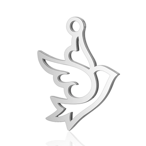 Detailed view of silver stainless steel hollow bird pendant with smooth polished finish