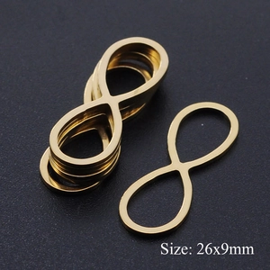 Macro view of gold-plated infinity charms, stainless steel jewelry connectors 26x9mm