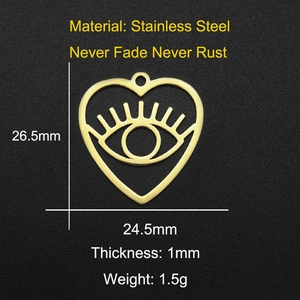 Detailed view of a golden stainless steel heart-shaped evil eye pendant with dimensions