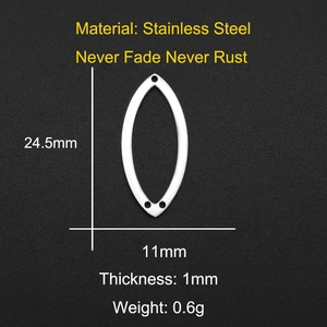 Technical drawing of 24.5x11mm stainless steel olive-shaped jewelry link with three holes