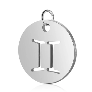 Polished silver stainless steel pendant featuring a hollow Gemini zodiac symbol design