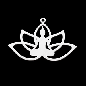 Detailed macro view of silver cutout lotus buddha pendant with polished metallic surface