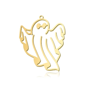 Macro view of gold hollow ghost pendant with sunglasses detail and polished finish