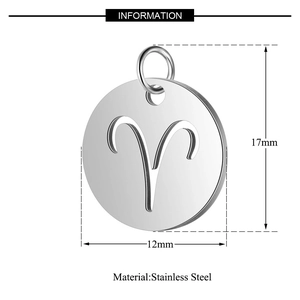 Technical drawing of a 12mm stainless steel Aries zodiac pendant with size measurements