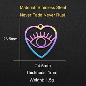 Rainbow heart-shaped evil eye pendant in stainless steel with 26.5mm x 24.5mm size