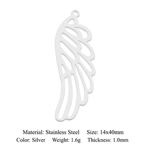 Detailed view of silver stainless steel wing charm with hollow feather texture for DIY