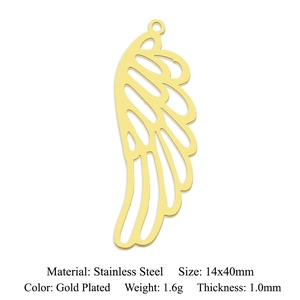 Detailed view of gold plated stainless steel wing pendant with dimensions and thickness