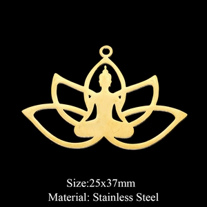 Detailed macro view of 25x37mm lotus yoga pendant in gold stainless steel finish