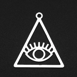 Macro shot of equilateral triangle evil eye pendant in silver polished stainless steel