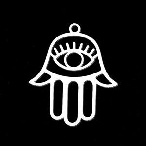 Macro shot of silver Hamsa hand charm with evil eye detail for jewelry making