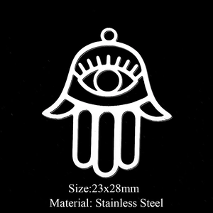 Detailed macro view of 23x28mm stainless steel Hamsa Hand pendant with hollow design