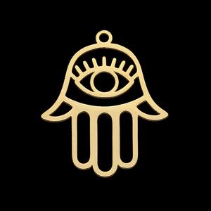 Golden Hamsa Hand pendant with cutout design and evil eye motif on black background