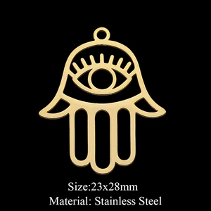 Golden stainless steel Hamsa hand pendant with cutout eye detail, size 23x28mm