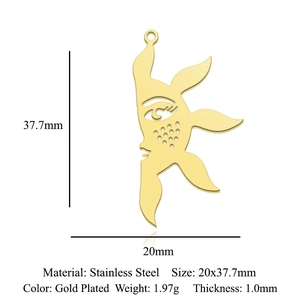 Detailed size specifications for a gold-plated stainless steel sun and face pendant