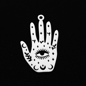 Detailed view of silver stainless steel Hamsa hand pendant with intricate hollow engravings