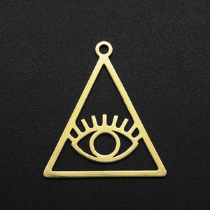 Macro shot of gold stainless steel triangle evil eye pendant with cutout details