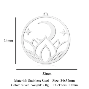 Detail showing dimensions of silver moon and stars stainless steel pendant 34x32mm