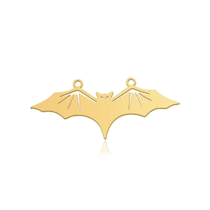 Detail of golden stainless steel bat pendant with dual rings and intricate wing patterns