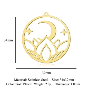 Detailed view of a gold-plated stainless steel circular pendant with celestial design