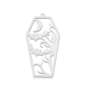 Detail view of silver stainless steel coffin pendant with gothic bat and moon cutouts