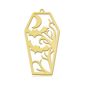 Detailed macro view of gold hollow coffin pendant with bat and moon engraving motifs