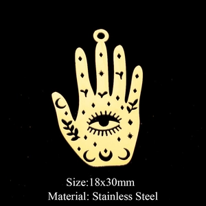 Detailed 18x30mm gold stainless steel Hamsa hand pendant with moon and star cutouts