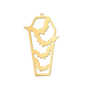 Macro view of gold stainless steel coffin pendant with intricate bat cutout design